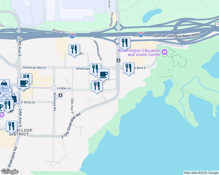 map of restaurants, bars, coffee shops, grocery stores, and more near 8051 33rd Avenue South in Bloomington