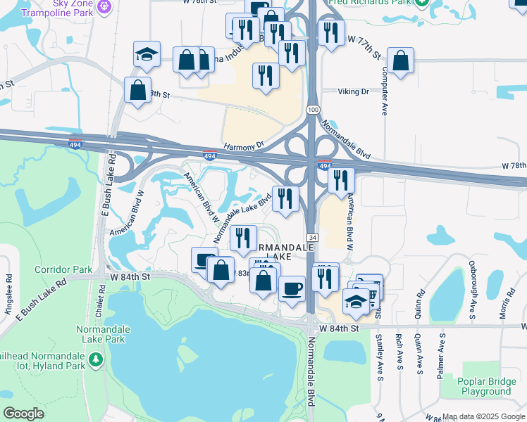 map of restaurants, bars, coffee shops, grocery stores, and more near 5500 American Boulevard West in Bloomington