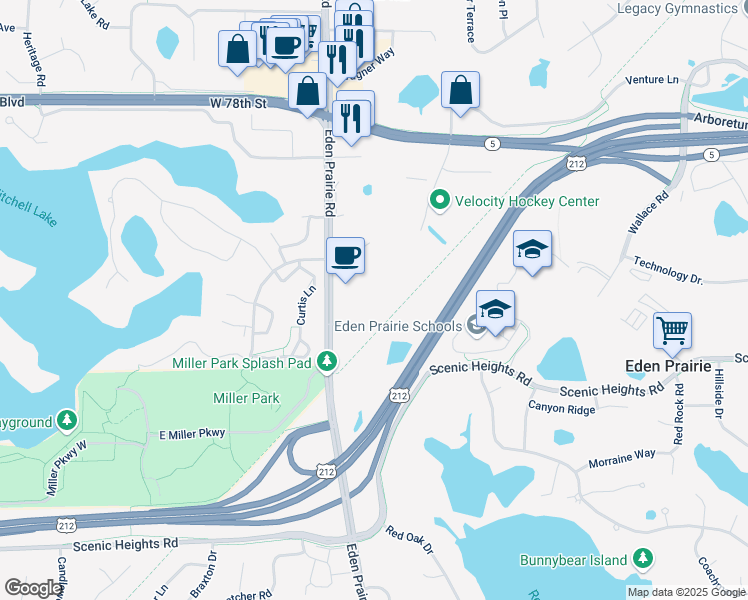 map of restaurants, bars, coffee shops, grocery stores, and more near 16389 Glory Lane in Eden Prairie