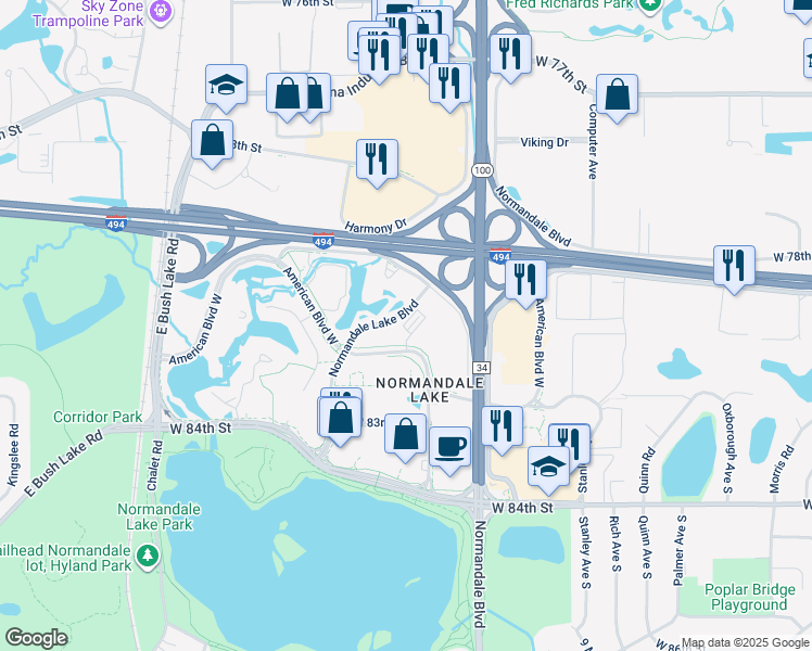 map of restaurants, bars, coffee shops, grocery stores, and more near 5600 American Boulevard West in Minneapolis