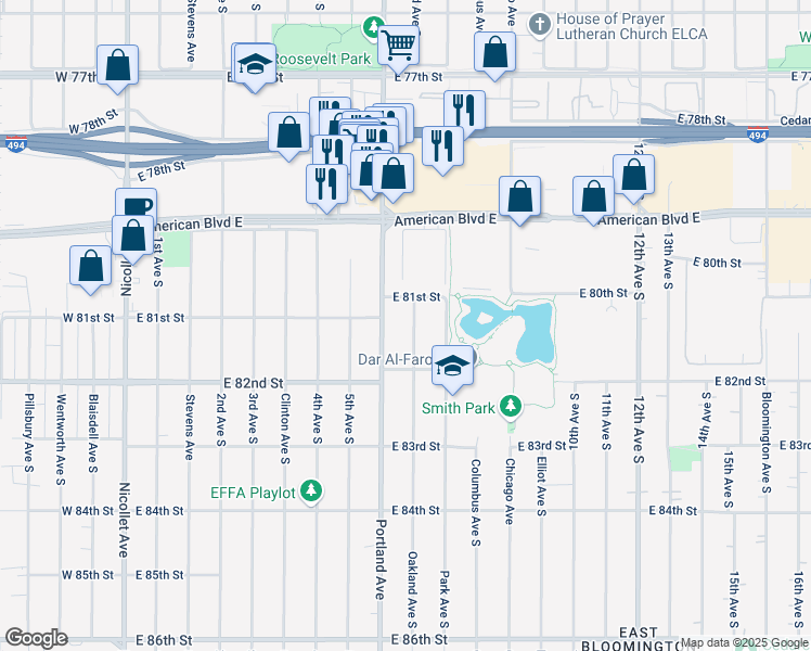 map of restaurants, bars, coffee shops, grocery stores, and more near 8144 Oakland Avenue South in Minneapolis
