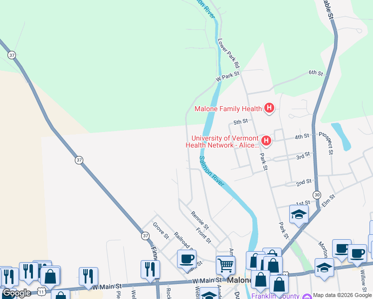 map of restaurants, bars, coffee shops, grocery stores, and more near 80 West Street in Malone