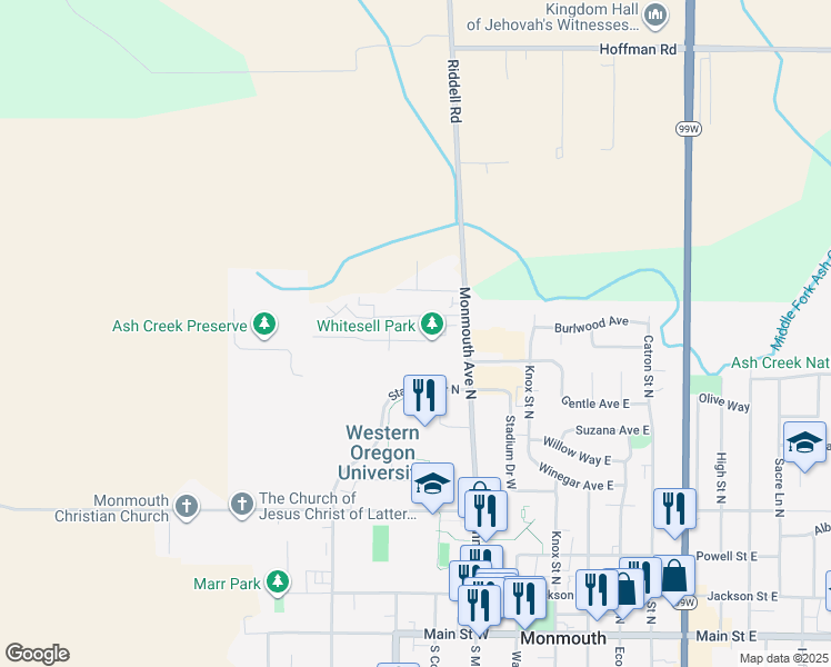 map of restaurants, bars, coffee shops, grocery stores, and more near 348 Whitesell Street West in Monmouth
