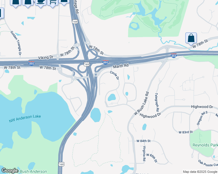 map of restaurants, bars, coffee shops, grocery stores, and more near 8110 Highwood Drive in Bloomington