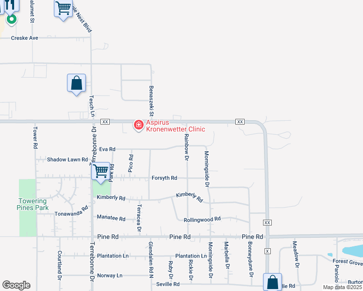 map of restaurants, bars, coffee shops, grocery stores, and more near 2483 Rainbow Drive in Mosinee