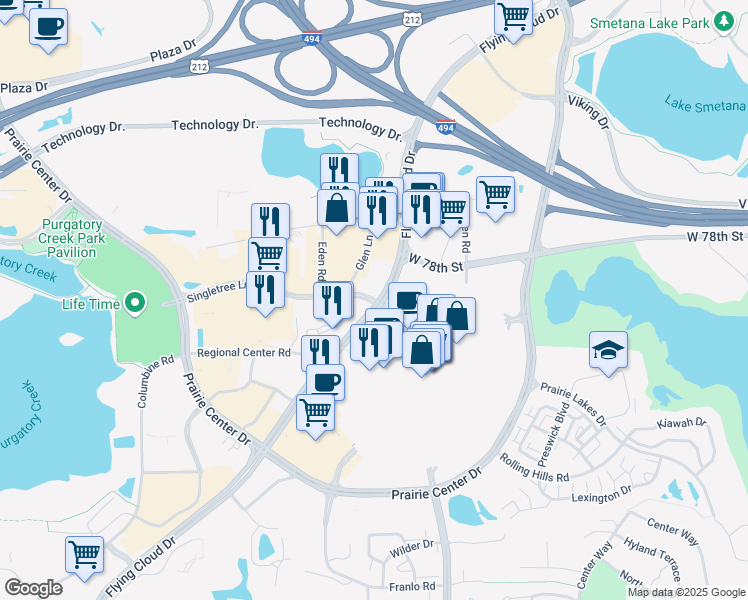 map of restaurants, bars, coffee shops, grocery stores, and more near 8051-8099 Eden Glen Rd in Eden Prairie