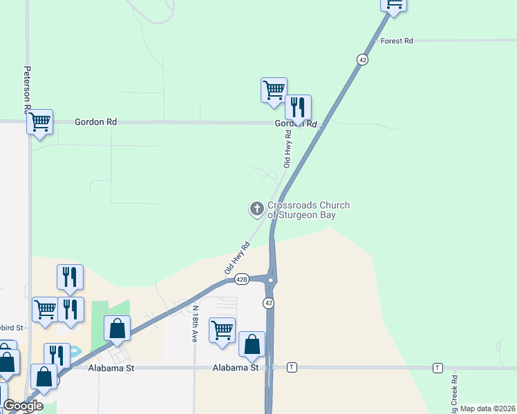 map of restaurants, bars, coffee shops, grocery stores, and more near 3893 Old Highway Road in Sturgeon Bay