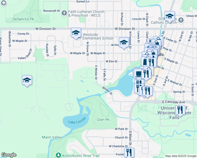 map of restaurants, bars, coffee shops, grocery stores, and more near 209 South Falls Street in River Falls