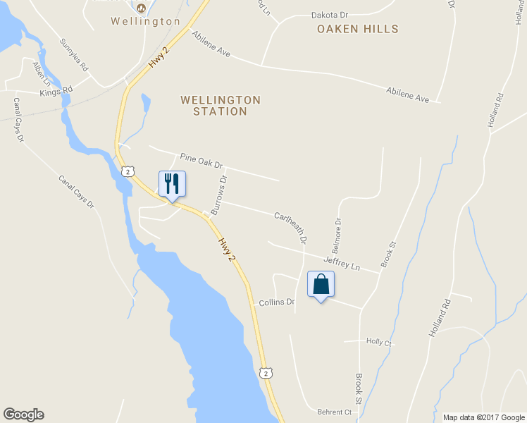 map of restaurants, bars, coffee shops, grocery stores, and more near 71 Carlheath Drive in Wellington