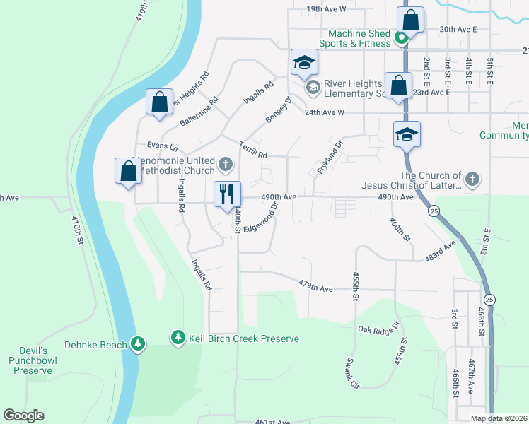 map of restaurants, bars, coffee shops, grocery stores, and more near 2805 Edgewood Drive in Menomonie