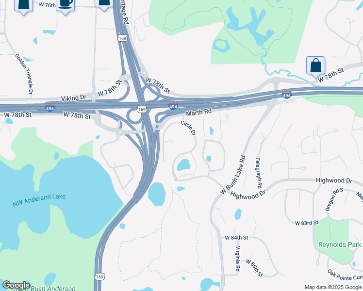 map of restaurants, bars, coffee shops, grocery stores, and more near 8100 Highwood Drive in Bloomington