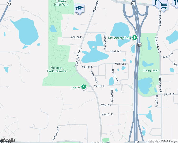 map of restaurants, bars, coffee shops, grocery stores, and more near 1885 63rd Street East in Inver Grove Heights