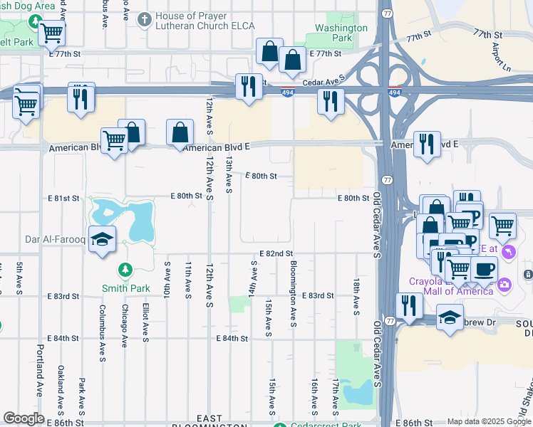 map of restaurants, bars, coffee shops, grocery stores, and more near 8017 14th Avenue South in Bloomington