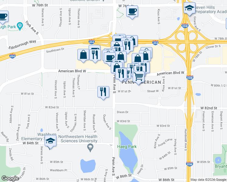 map of restaurants, bars, coffee shops, grocery stores, and more near 8040 Penn Avenue South in Minneapolis
