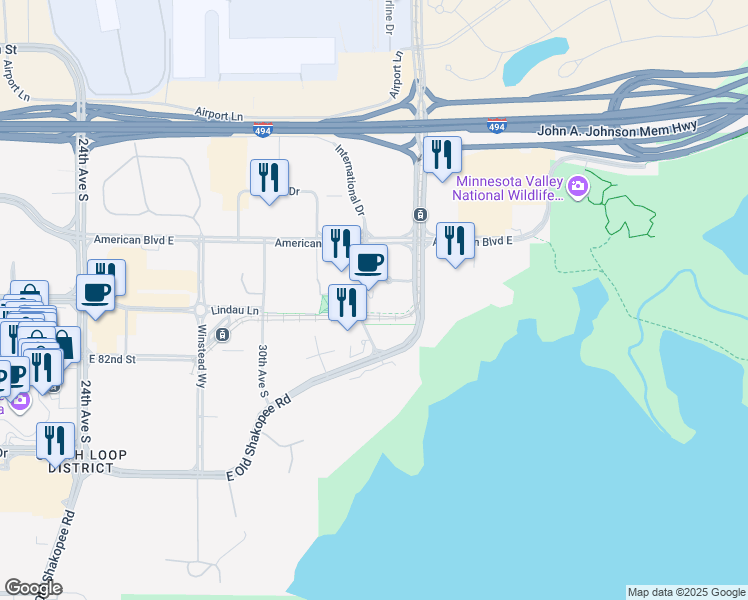 map of restaurants, bars, coffee shops, grocery stores, and more near 8041 33rd Avenue South in Bloomington