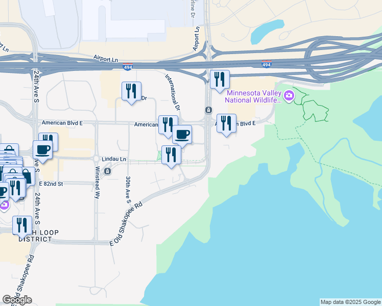 map of restaurants, bars, coffee shops, grocery stores, and more near 8041 33rd Avenue South in Bloomington