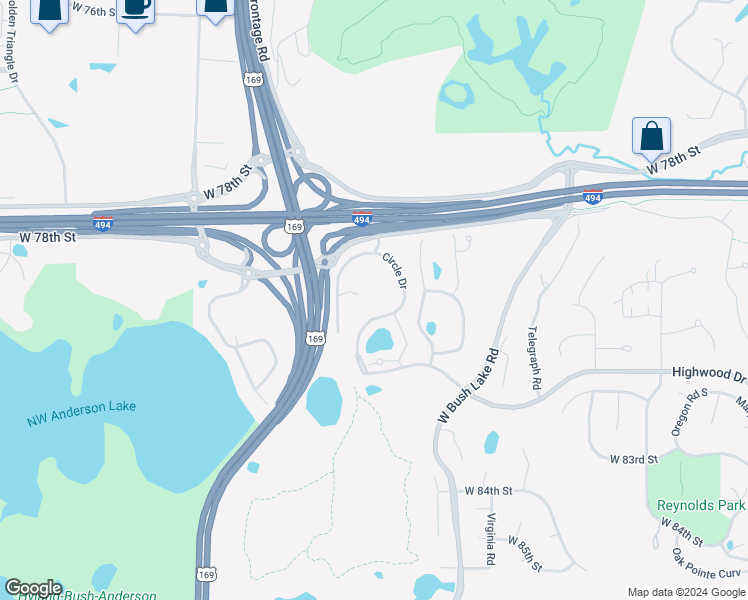 map of restaurants, bars, coffee shops, grocery stores, and more near 8110 Highwood Drive in Bloomington