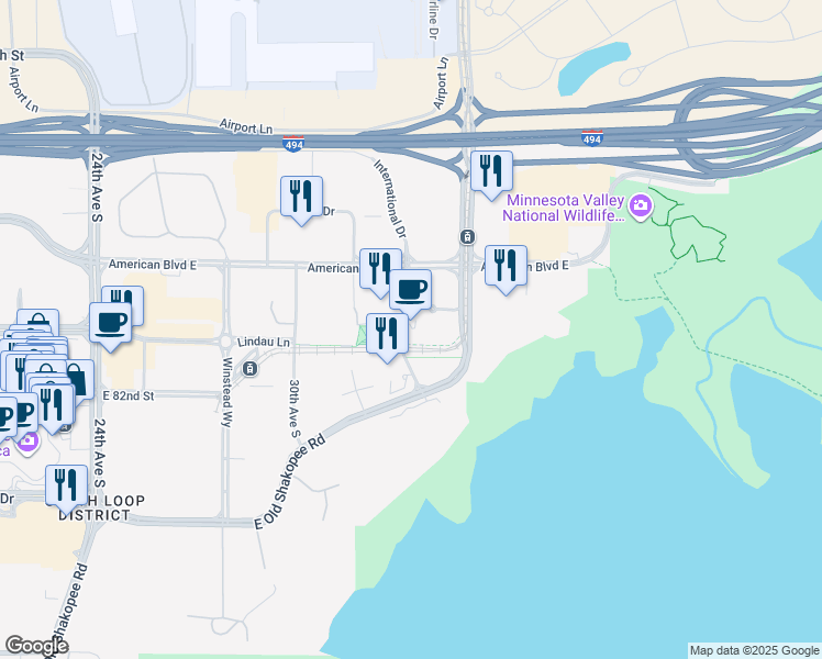 map of restaurants, bars, coffee shops, grocery stores, and more near 8051 33rd Avenue South in Bloomington