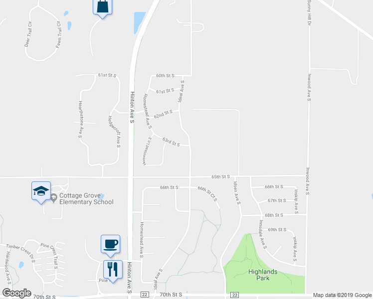 map of restaurants, bars, coffee shops, grocery stores, and more near 8271 63rd Street South in Cottage Grove