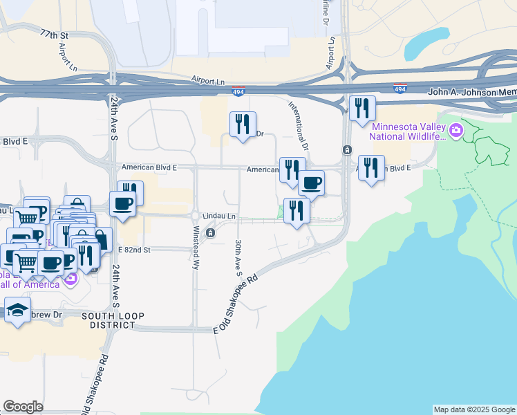 map of restaurants, bars, coffee shops, grocery stores, and more near 8100 31st Avenue South in Bloomington