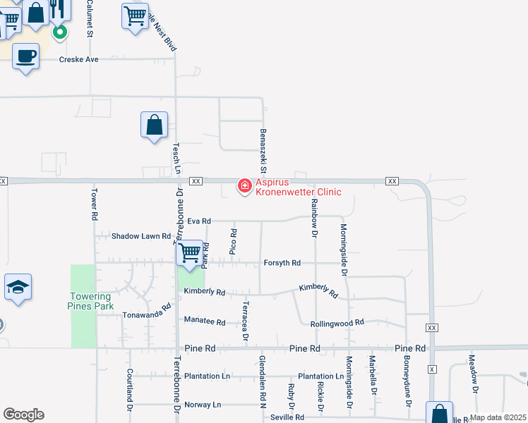 map of restaurants, bars, coffee shops, grocery stores, and more near 1905 County Road XX in Mosinee