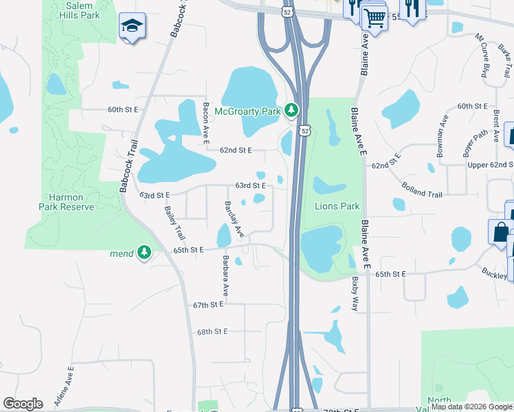 map of restaurants, bars, coffee shops, grocery stores, and more near 2170 63rd Street East in Inver Grove Heights