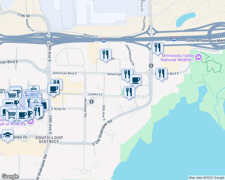 map of restaurants, bars, coffee shops, grocery stores, and more near 3098 West Old Shakopee Road in Minneapolis