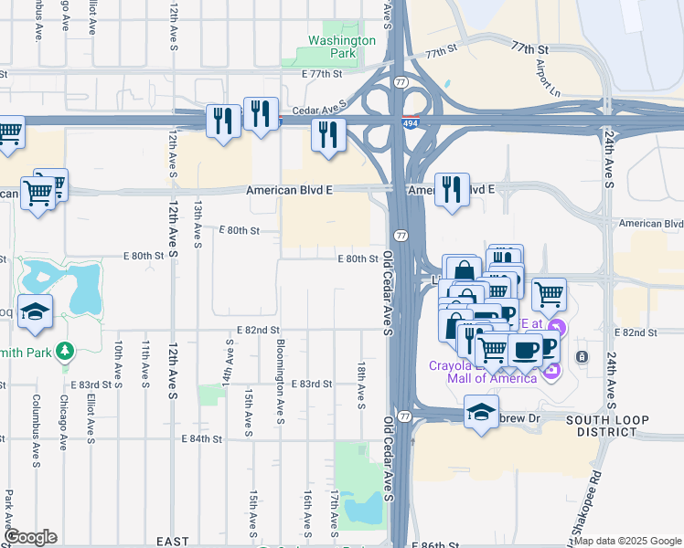 map of restaurants, bars, coffee shops, grocery stores, and more near 1701 East 80th Street in Bloomington