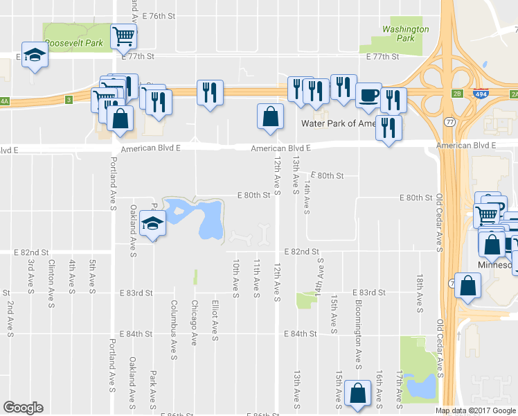 map of restaurants, bars, coffee shops, grocery stores, and more near 1101 East 80th Street in Minneapolis
