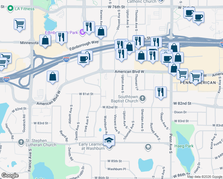 map of restaurants, bars, coffee shops, grocery stores, and more near 8045 Xerxes Avenue South in Minneapolis