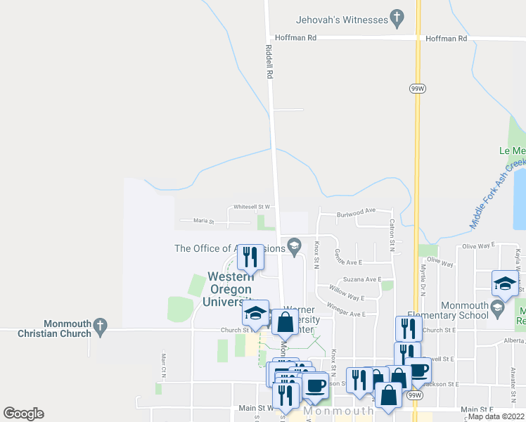 map of restaurants, bars, coffee shops, grocery stores, and more near 233 Whitesell Street in Monmouth