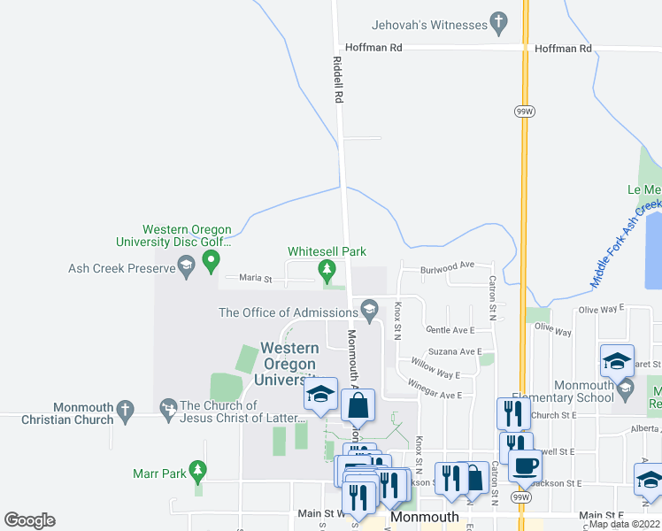 map of restaurants, bars, coffee shops, grocery stores, and more near 231 Whitesell Street in Monmouth
