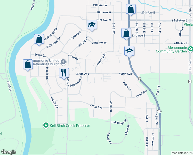 map of restaurants, bars, coffee shops, grocery stores, and more near N4882 449th Street in Menomonie