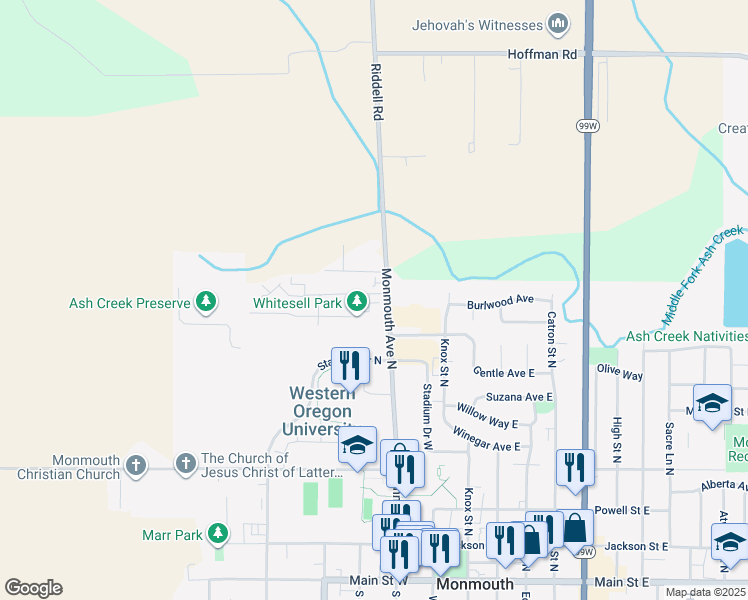 map of restaurants, bars, coffee shops, grocery stores, and more near 234 Whitesell Street West in Monmouth