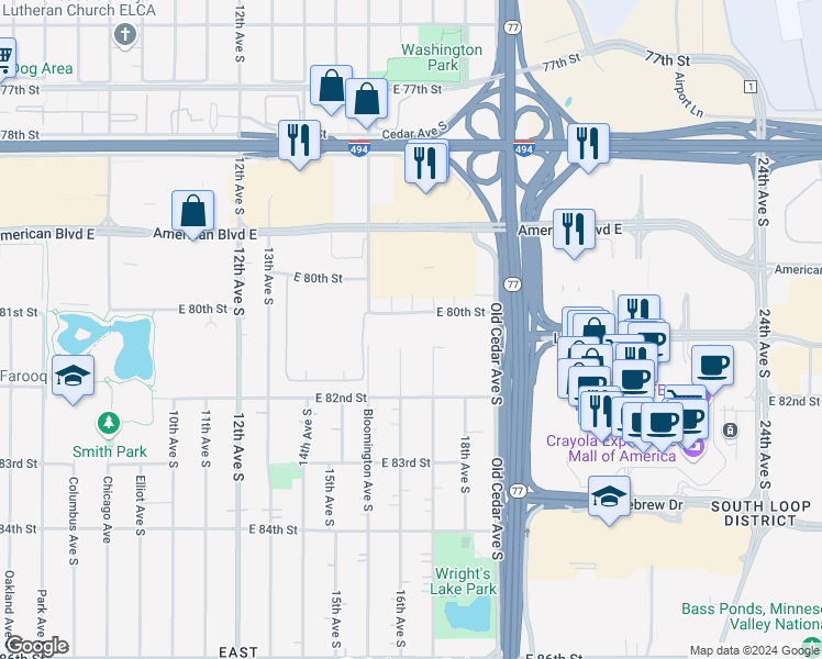 map of restaurants, bars, coffee shops, grocery stores, and more near 1551 East 80th Street in Bloomington