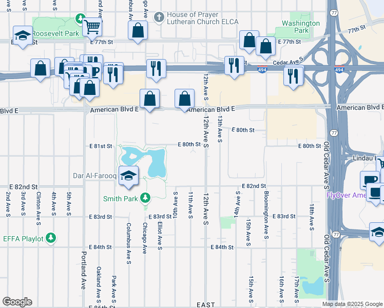 map of restaurants, bars, coffee shops, grocery stores, and more near 1101 East 80th Street in Minneapolis