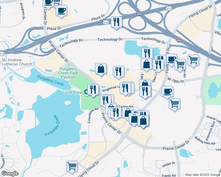 map of restaurants, bars, coffee shops, grocery stores, and more near 12300 Singletree Lane in Eden Prairie