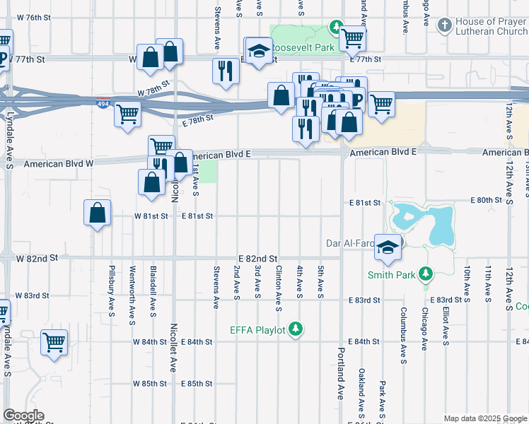 map of restaurants, bars, coffee shops, grocery stores, and more near 8029 3rd Avenue South in Minneapolis