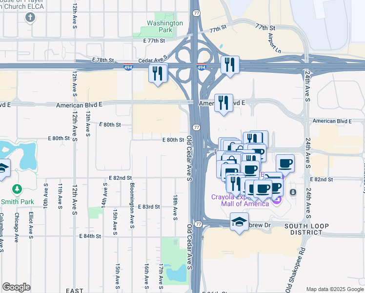 map of restaurants, bars, coffee shops, grocery stores, and more near 8030 Old Cedar Avenue South in Bloomington