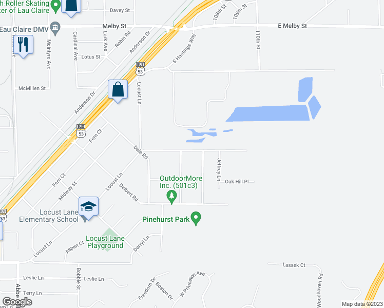 map of restaurants, bars, coffee shops, grocery stores, and more near 3515 Hallie Lane in Eau Claire