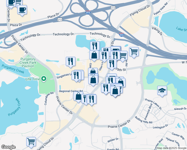 map of restaurants, bars, coffee shops, grocery stores, and more near 8098 Glen Lane in Eden Prairie