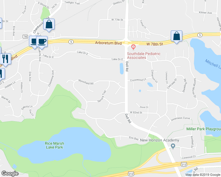 map of restaurants, bars, coffee shops, grocery stores, and more near 8031 Spruce Trail in Eden Prairie