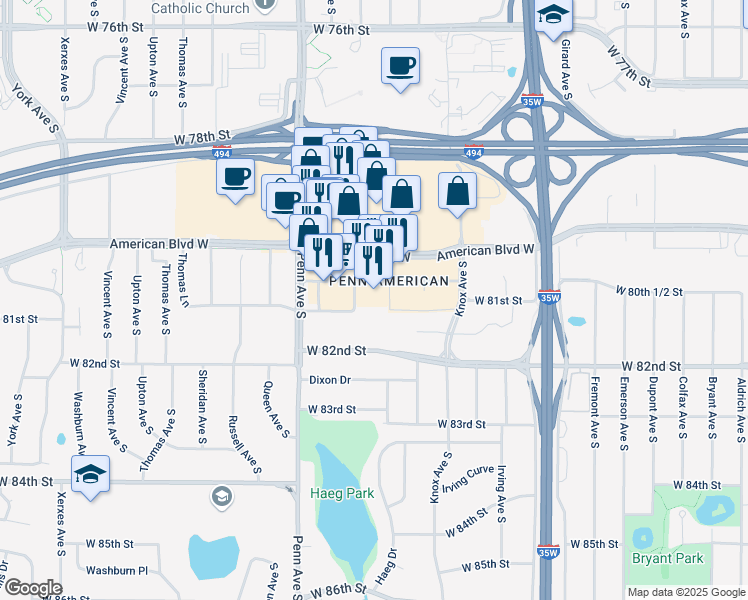 map of restaurants, bars, coffee shops, grocery stores, and more near 8094 Morgan Circle South in Minneapolis