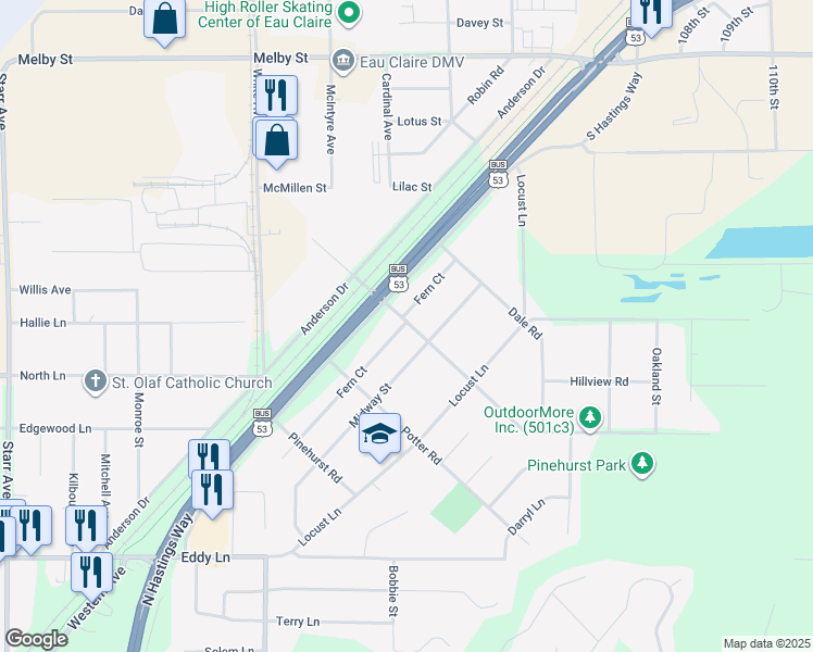 map of restaurants, bars, coffee shops, grocery stores, and more near 3344 Sundet Road in Eau Claire