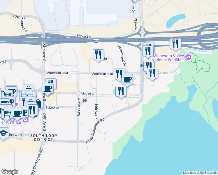 map of restaurants, bars, coffee shops, grocery stores, and more near 3098 West Old Shakopee Road in Minneapolis