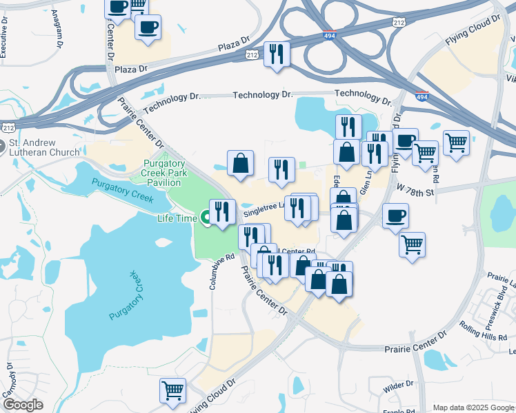 map of restaurants, bars, coffee shops, grocery stores, and more near 12300 Singletree Lane in Eden Prairie