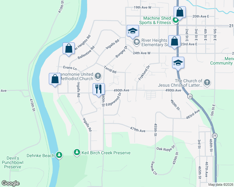 map of restaurants, bars, coffee shops, grocery stores, and more near 2805 Edgewood Drive in Menomonie