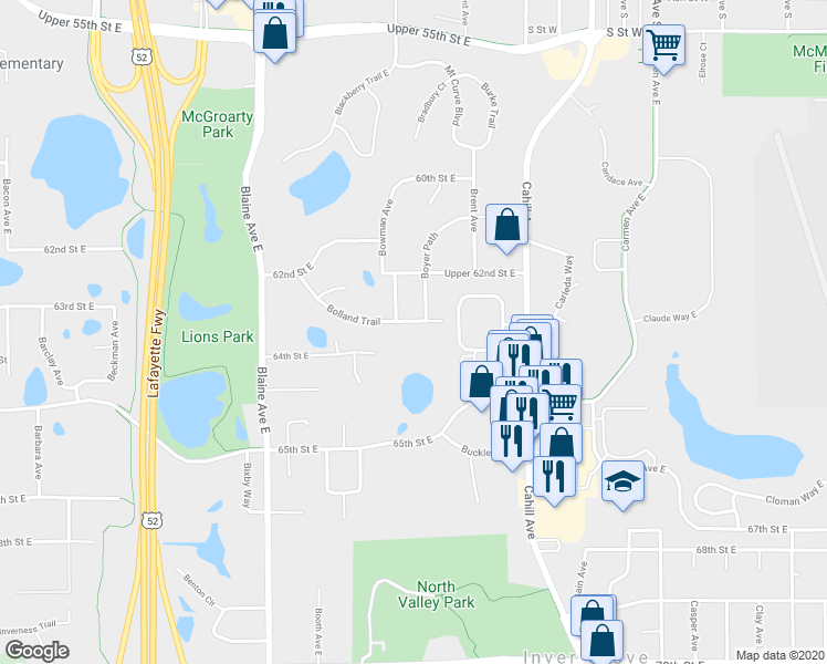 map of restaurants, bars, coffee shops, grocery stores, and more near 6261 Bolland Trail in Inver Grove Heights