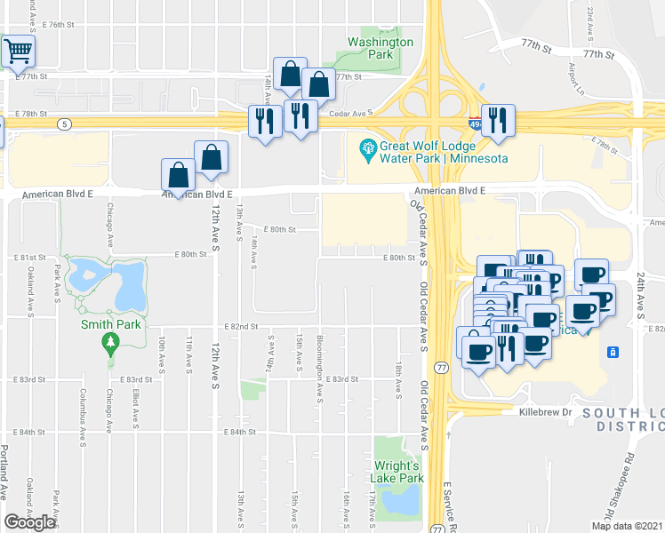 map of restaurants, bars, coffee shops, grocery stores, and more near 1551 East 80th Street in Bloomington