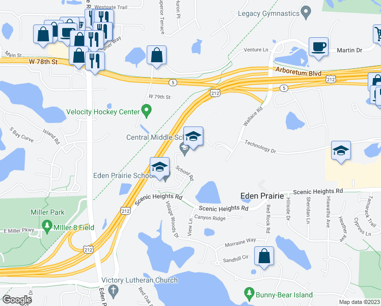 map of restaurants, bars, coffee shops, grocery stores, and more near 8025 School Road in Eden Prairie